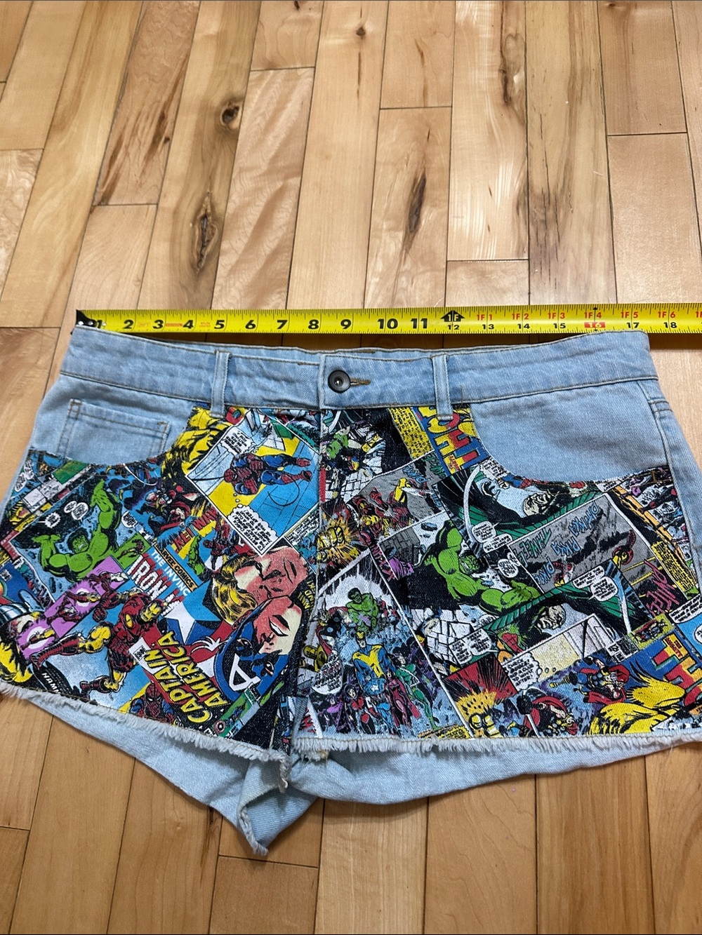 Marvel Light Blue Denim Shorts with Multicolor Comic-Print Panels - Picture 7 of 7